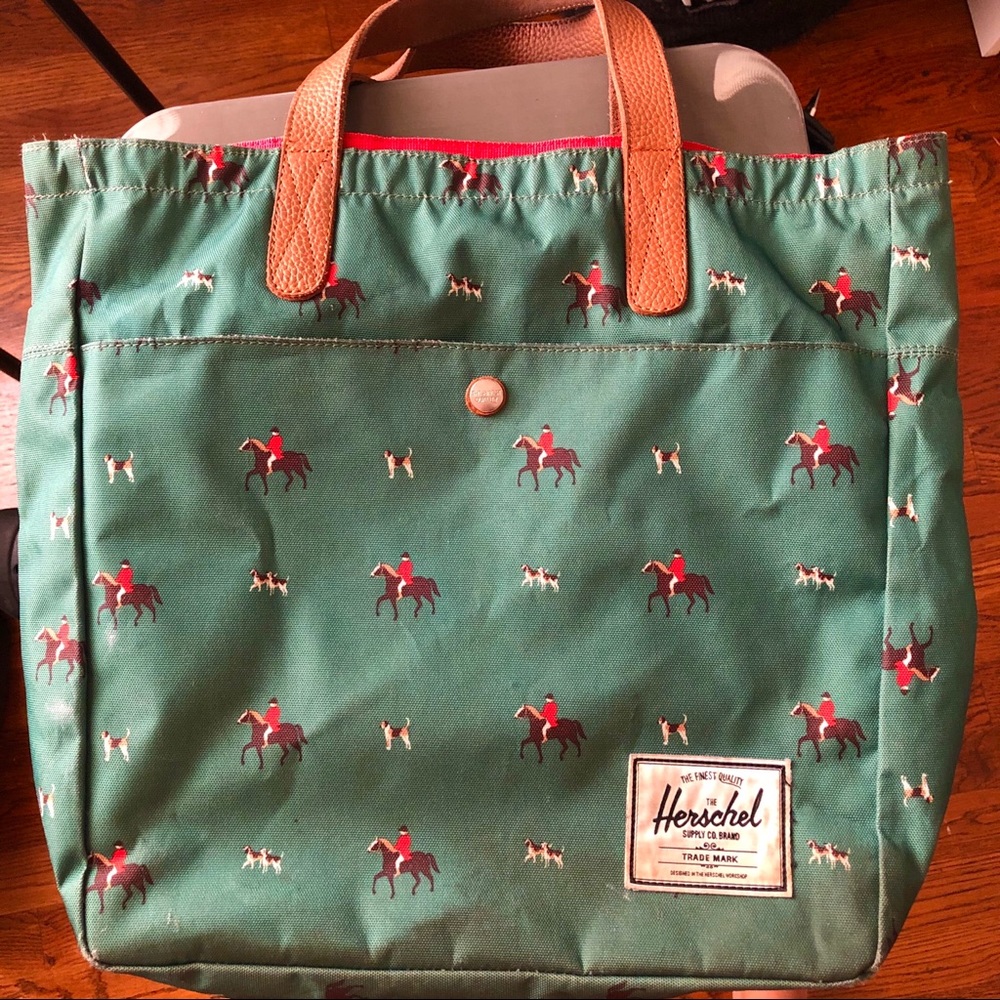 Hershel Tote Green Equestrian Print Leather As Is